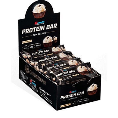 Growth Protein Bar Barra de Proteína - Display C/ 12 Un. Sabor Chocolate Branco com Recheio Beijinho (480g)
